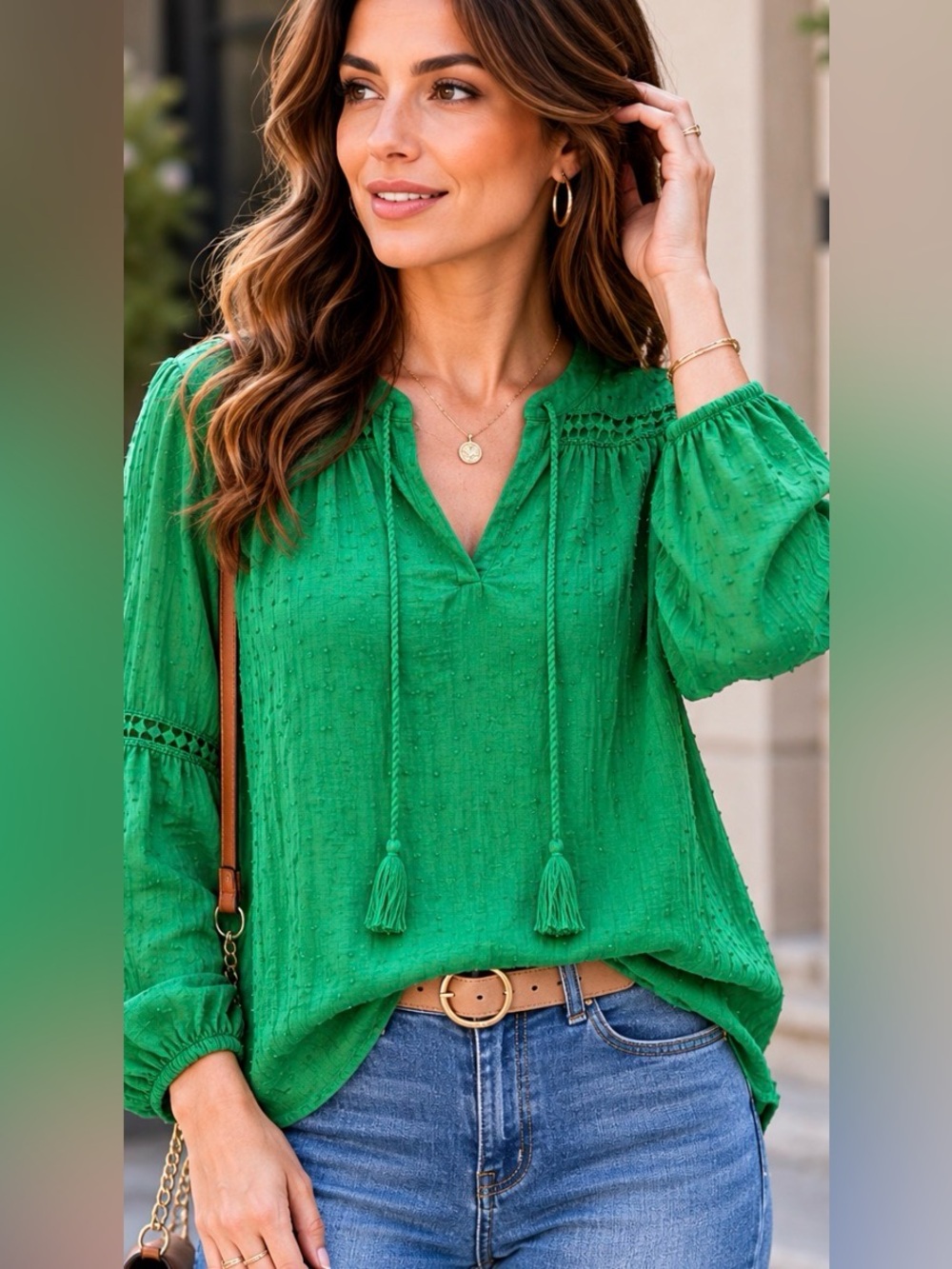 Crown & Ivy Green Swiss Dot Cotton Peasant Blouse XL
